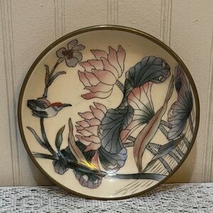 Vintage TOYO Floral Asian Porcelain Bowl Dish Trinket with Brass